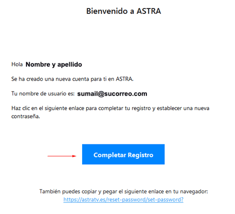 Correo electrónico de bienvenida de ASTRA
