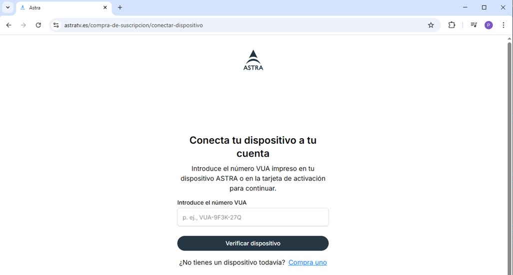 Introducir número VUA del dispositivo de Astra TV