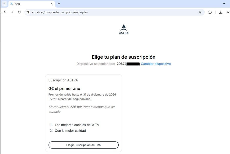 Elegir suscripción ASTRA TV